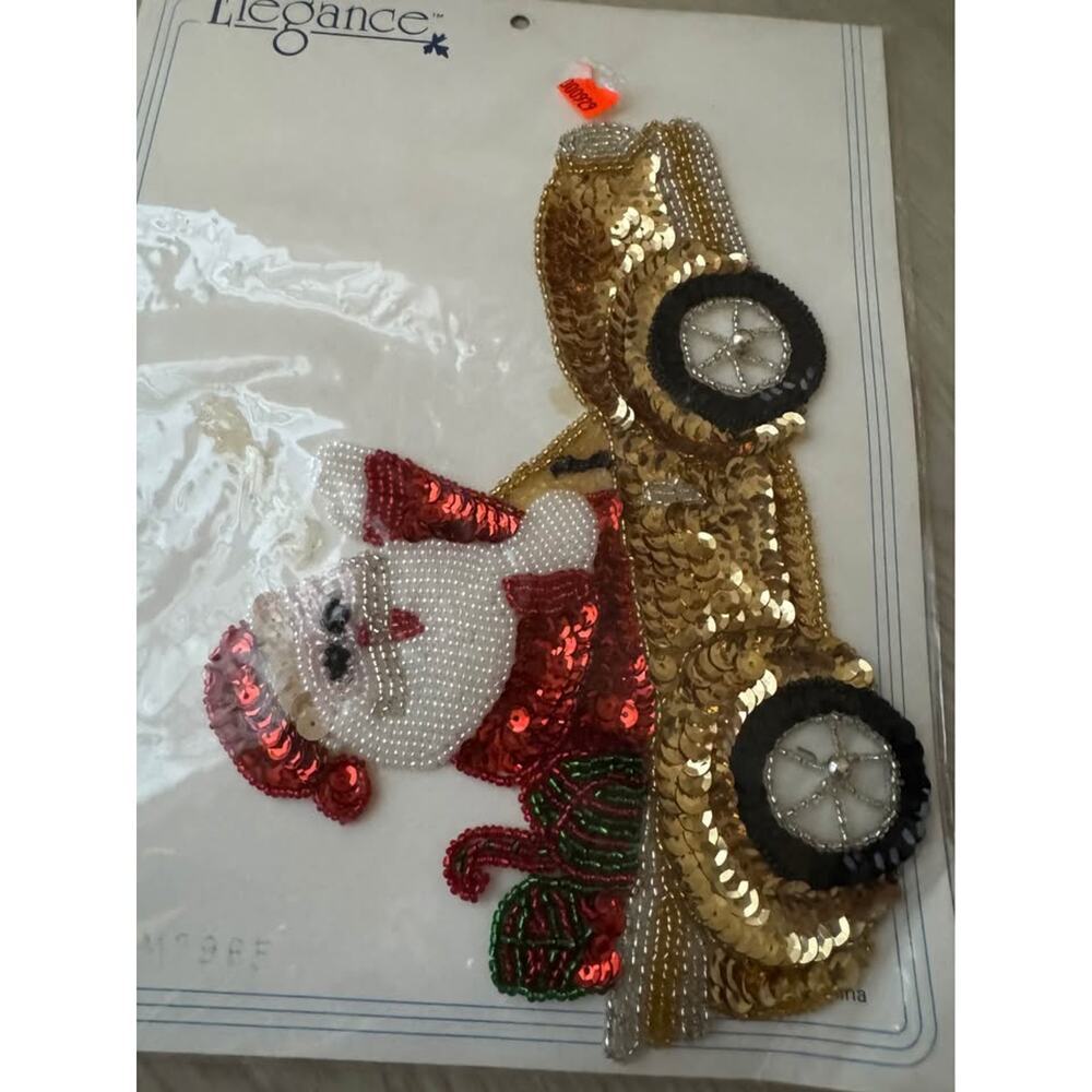 New Vintage Large Christmas Santa Sports Car Sequin Applique Patch - Picture 5 of 5